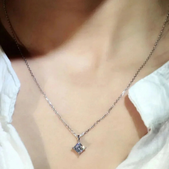 925 Sterling Silver Princess Cut Diamond Necklace - Picture 4 of 4